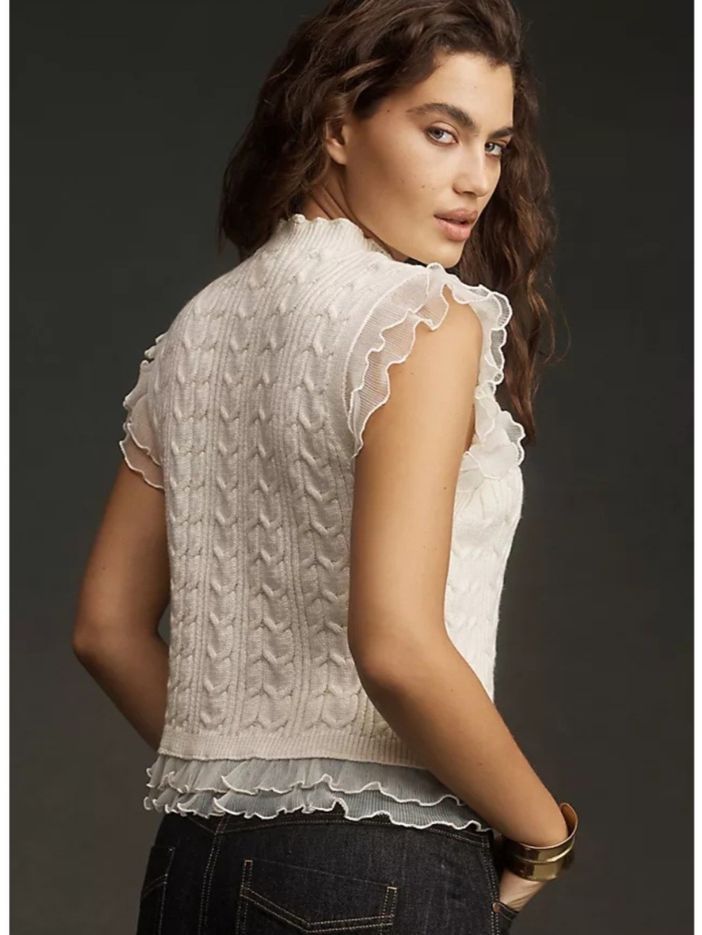 Cream Cable-Knit Ruffle-Trim Top